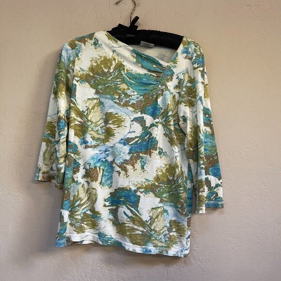 C.M.C by Color Me Cotton Small Asymmetric Neck Printed 3/4 Sleeve Top Green - Picture 1 of 7